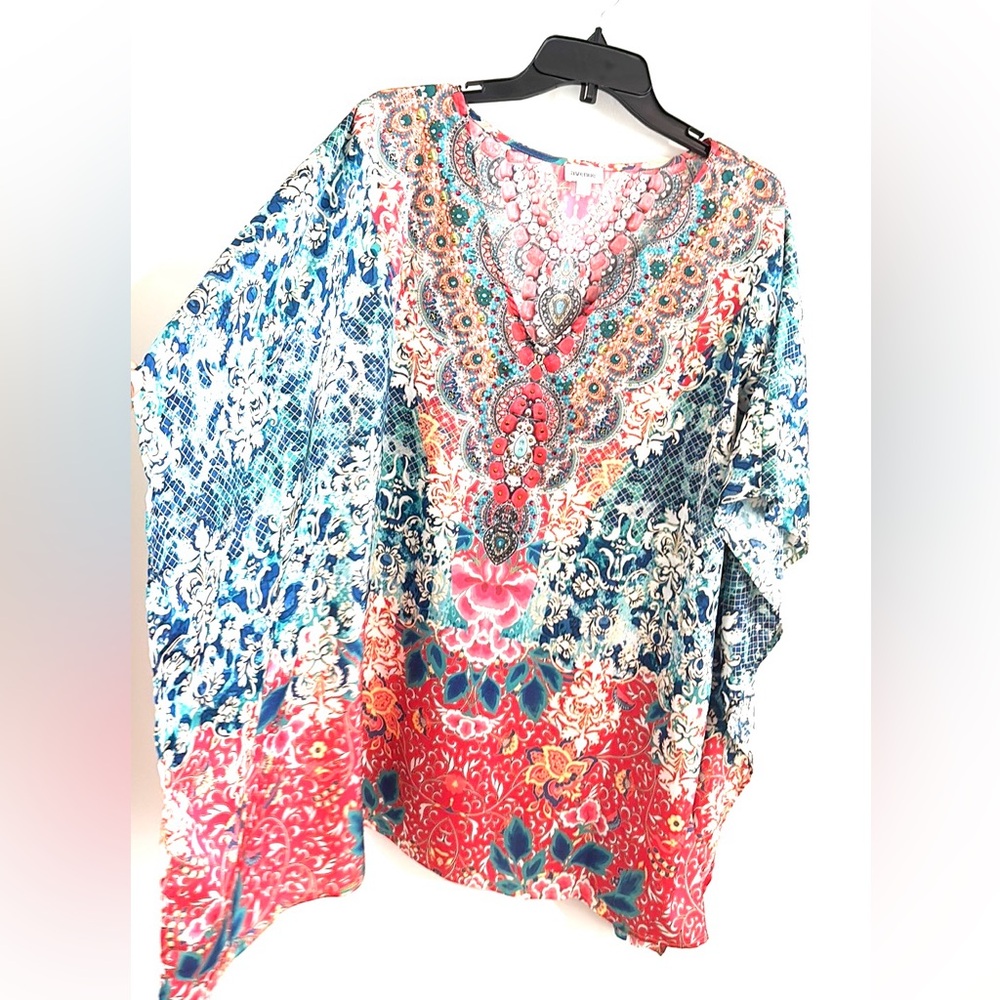 Women’s AVENUE Size 14/16 Kaftan Vibrant Coral Red and Blue Boho Tunic